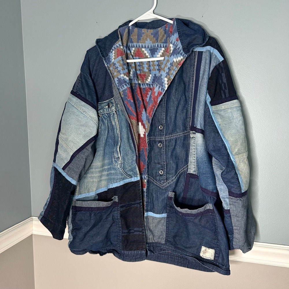 Vintage Solveia Patchwork Denim Jacket Southwestern Lined Oversized Chore Coat